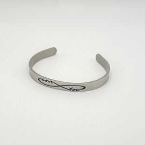 Infinity Love You Cuff Bracelet Silvertone Minimalist Open Bangle